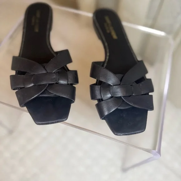 Saint Laurent Black Leather Slide Sandals - Picture 2 of 3